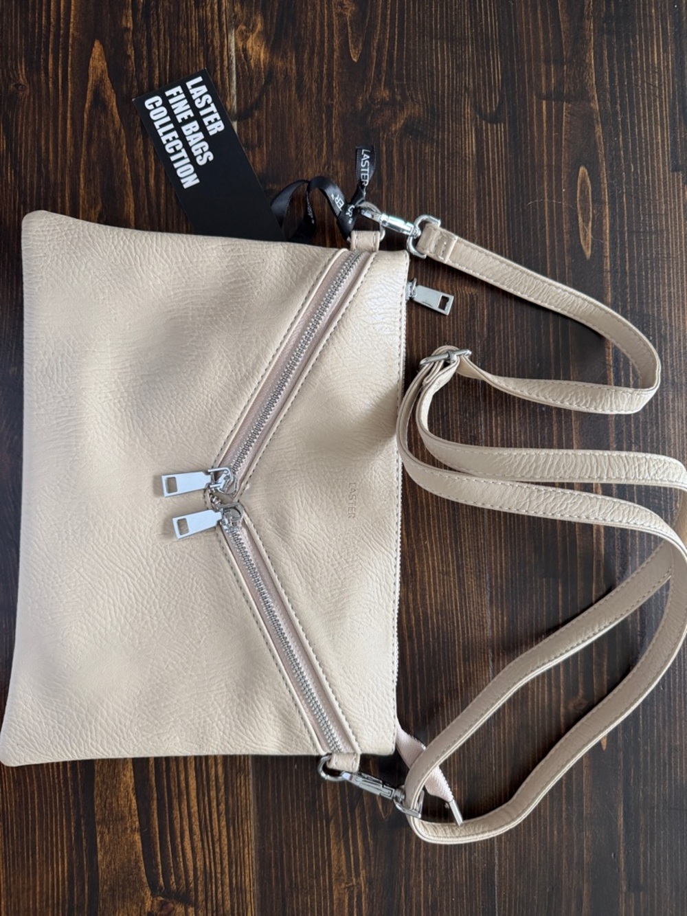 Laster Neutral Beige Clutch/ Crossbody Bag with Dual Zippers